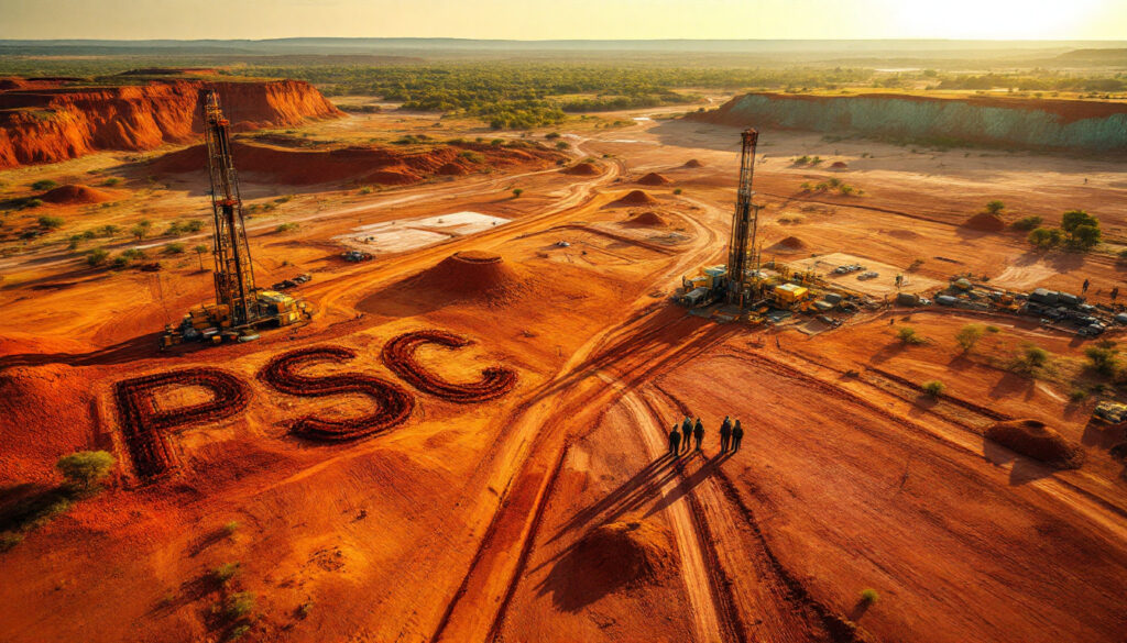 Prospect Resources Ltd-PSC-Aerial view of a desert excavation site with two drilling rigs and "PSC" written in the red earth.