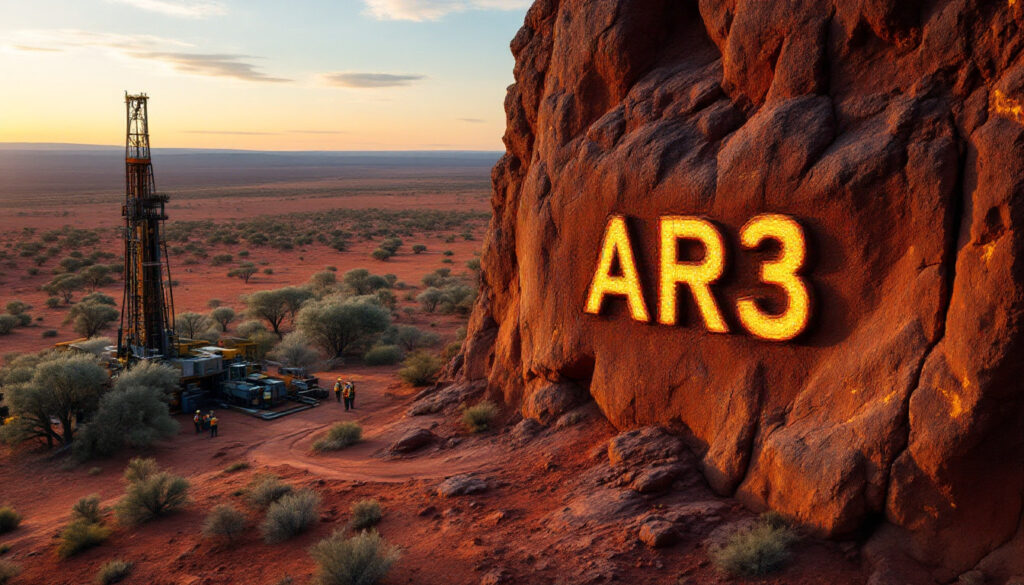 Australian Rare EARTHS Ltd-AR3-Desert landscape with a drilling rig and large "AR3" text on a rugged rock at sunset.