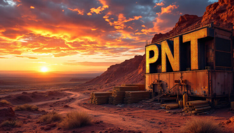 Panther Metals Ltd-PNT-Sunset over desert landscape with "PNT" in large letters on a building, surrounded by red rocks.