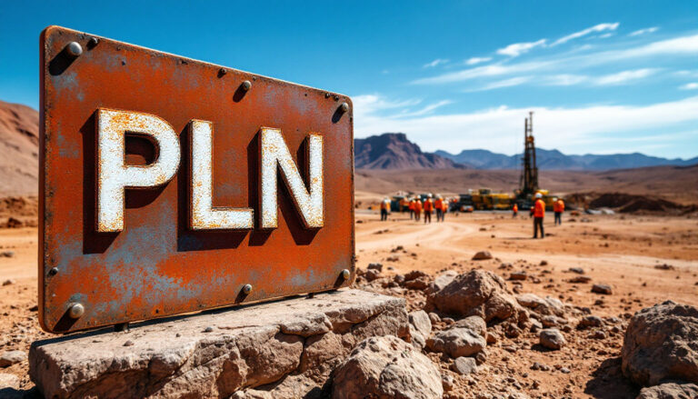 Pioneer Lithium Ltd-PLN-Rusty sign with "PLN" near construction site in a sunny desert landscape.