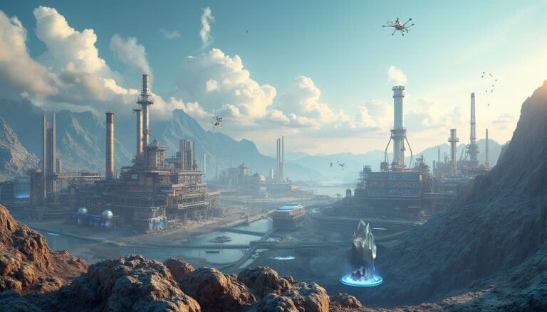 Futuristic industrial landscape with drones.