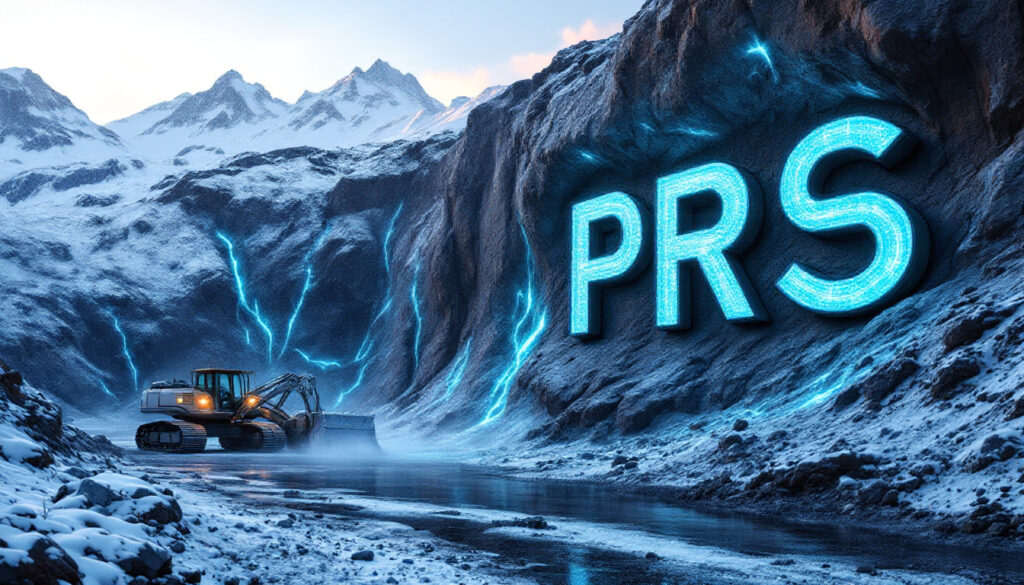 Prospech Ltd-PRS-Snowy landscape with a bulldozer and glowing "PRS" letters on a mountain.