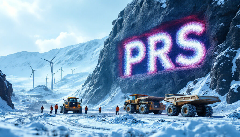 Prospech Ltd-PRS-Snowy landscape with wind turbines, heavy machinery, and "PRS" lit on a rocky cliff.