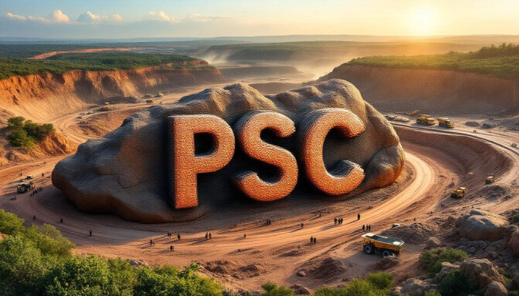 Prospect Resources Ltd-PSC-Giant "PSC" letters on rocky terrain in a quarry, surrounded by trucks and people, under a sunset sky.