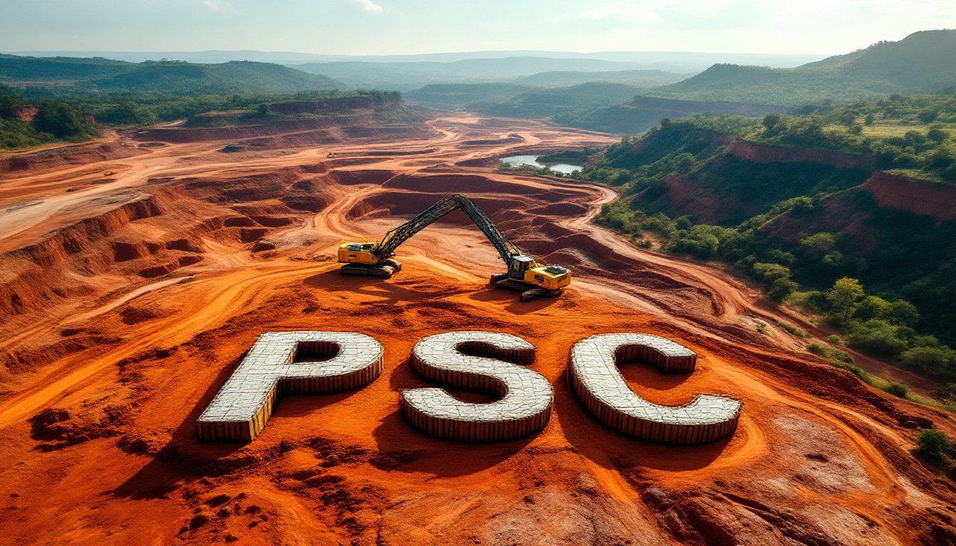 Prospect Resources Ltd-PSC-Excavators form "PSC" on red earth, surrounded by rugged terrain and distant hills.