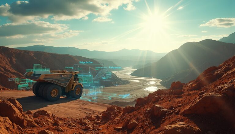 Sunny mining landscape with futuristic technology.