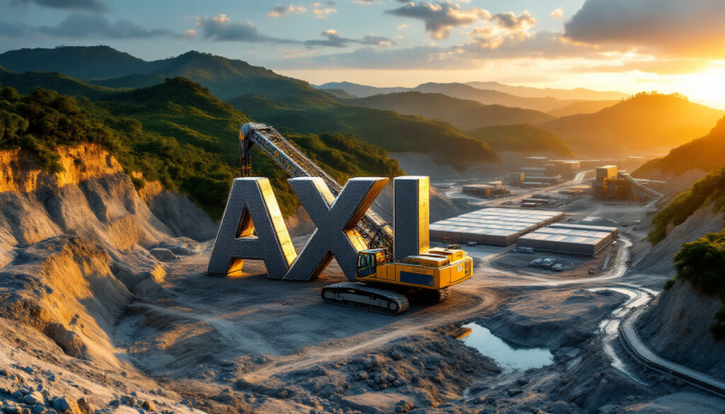 Axel Ree Ltd-AXL-Large "AXI" letters in a quarry with machinery and a sunset-lit mountainous backdrop.