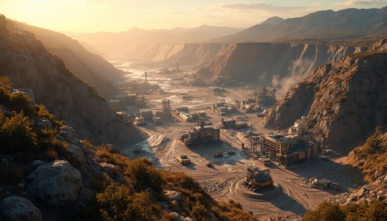 Mining site at sunset, resource company lifecycle.