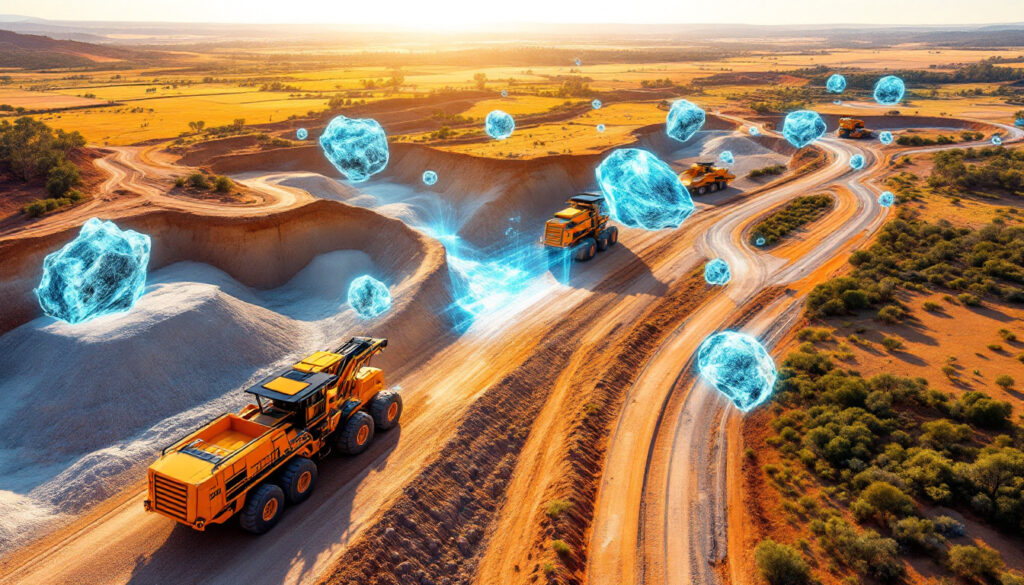 Mining site with trucks and holographic elements.