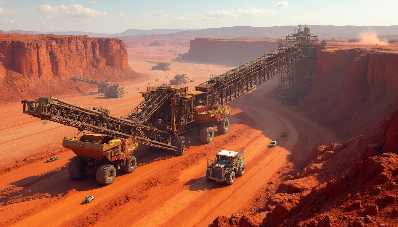 Mining vehicles in a vast desert landscape.