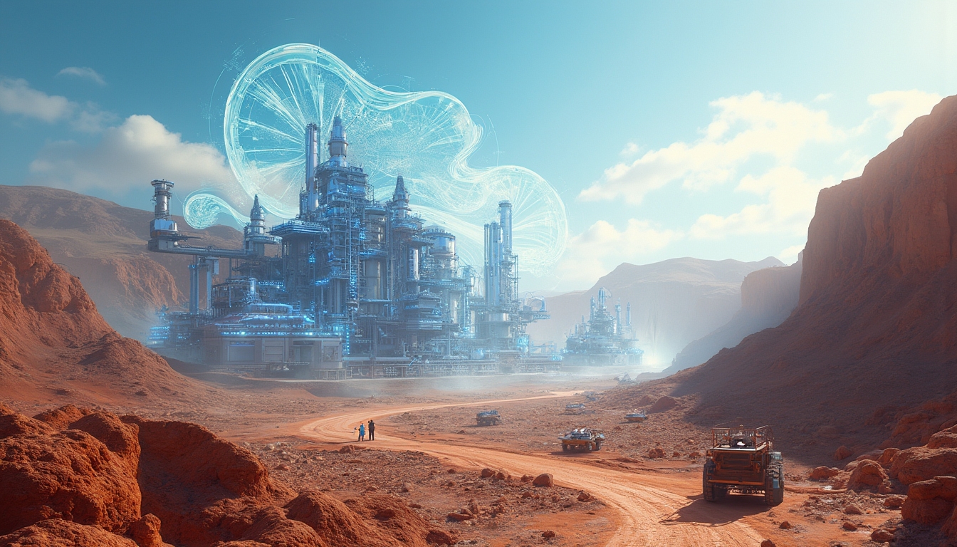 Futuristic mining facility in desert landscape.