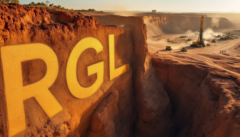 Riversgold Ltd-RGL-Gigantic "RGL" carved in a rocky cliff overlooking a mining operation with vehicles and equipment.