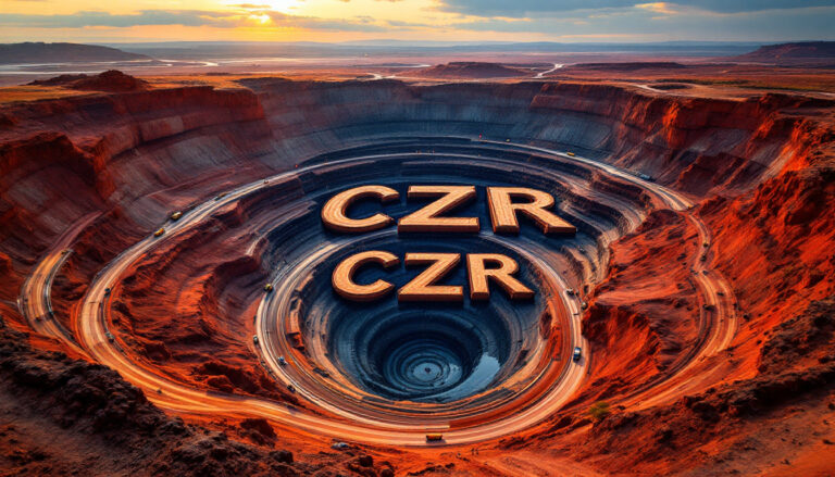 CZR Resources Ltd-CZR-A spiral mine pit at sunset with "CZR" letters, surrounded by red rocky terrain and winding roads.