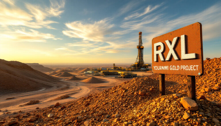 ROX Resources Ltd-RXL-Desert landscape with a sign reading "RXL Youanmi Gold Project" and mining equipment in the background.