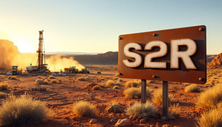 S2 Resources Ltd-S2R-Rustic sign reads "S2R" in a desert landscape with drilling operation in the background.