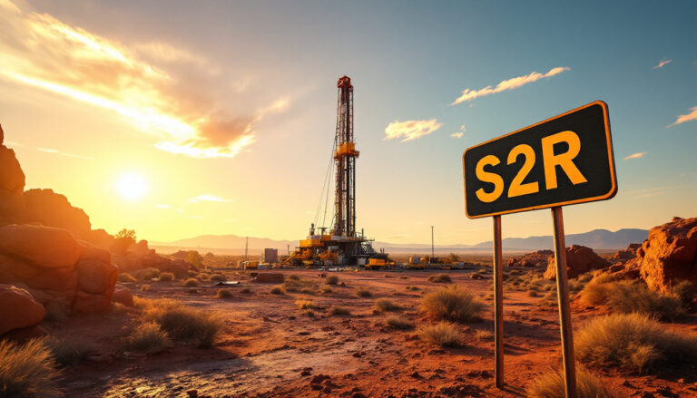 S2 Resources Ltd-S2R-Desert oil rig at sunset with an "S2R" sign in the foreground.