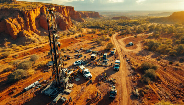 S2 Resources Ltd-S2R-Desert drilling site with machinery, surrounded by red cliffs and scattered vehicles at sunrise.