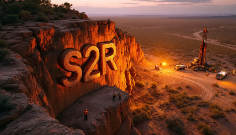 S2 Resources Ltd-S2R-Giant "S2R" carved into cliff at sunset, with drilling equipment and people below.