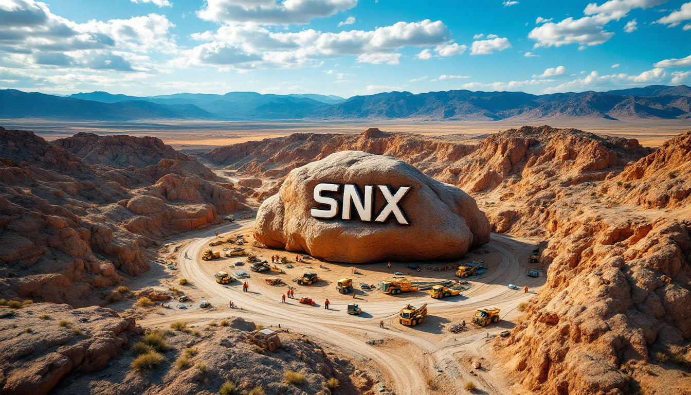 Sierra Nevada Gold Cdi 1:1 US Person Prohibited Excluding QIB-SNX-A colossal boulder with "SNX" surrounded by construction vehicles in a rocky desert landscape.