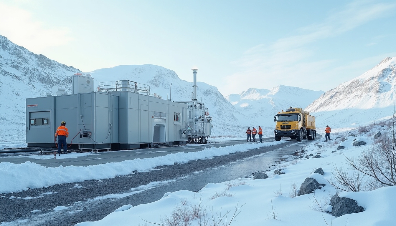 Small modular reactors in snowy Canadian landscape.