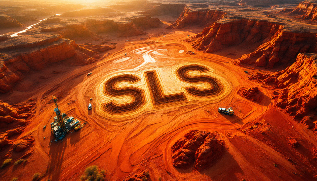 Solstice Minerals Ltd-SLS-"SLS" carved in a red rock desert landscape, with vehicles and dunes in the background.