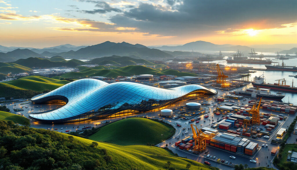 Futuristic port symbolizes South Korea-Aussie mining partnership.