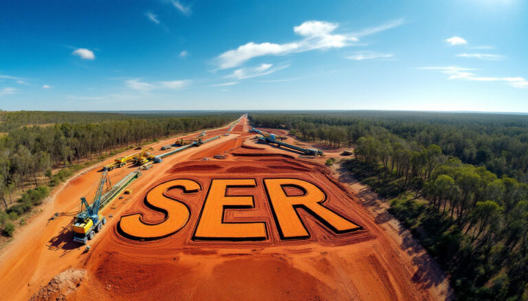 Strategic Energy Resources Ltd-SER-Giant red letters "SER" carved into the earth on a construction site, surrounded by machinery and trees.