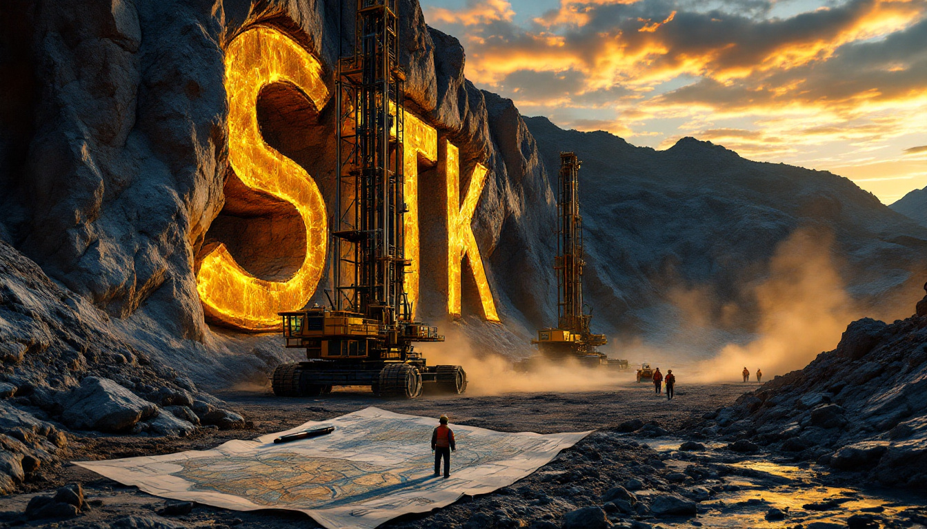 Strickland Metals Ltd-STK-Gigantic glowing letters "STK" carved into a rocky mountain, construction workers nearby.