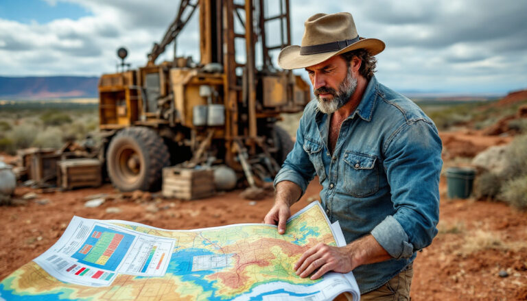 Sunshine Metals Ltd-SHN-Man in denim and hat studying a map, with drilling equipment in a desert landscape.