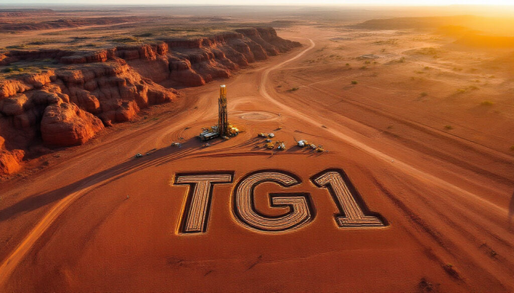 Techgen Metals Ltd-TG1-Desert landscape with "TG1" carved in the sand, near drilling equipment and red rock formations.