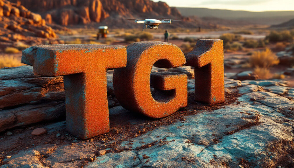 Techgen Metals Ltd-TG1-Giant orange "TG1" letters in a desert landscape with a drone flying overhead.