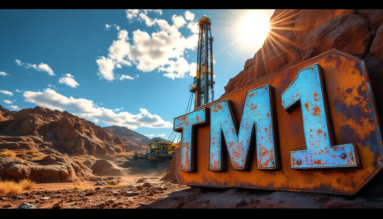 Terra Metals Ltd-TM1-Sign with "TM1" in a desert landscape, tall drilling rig and bright sun in the background.