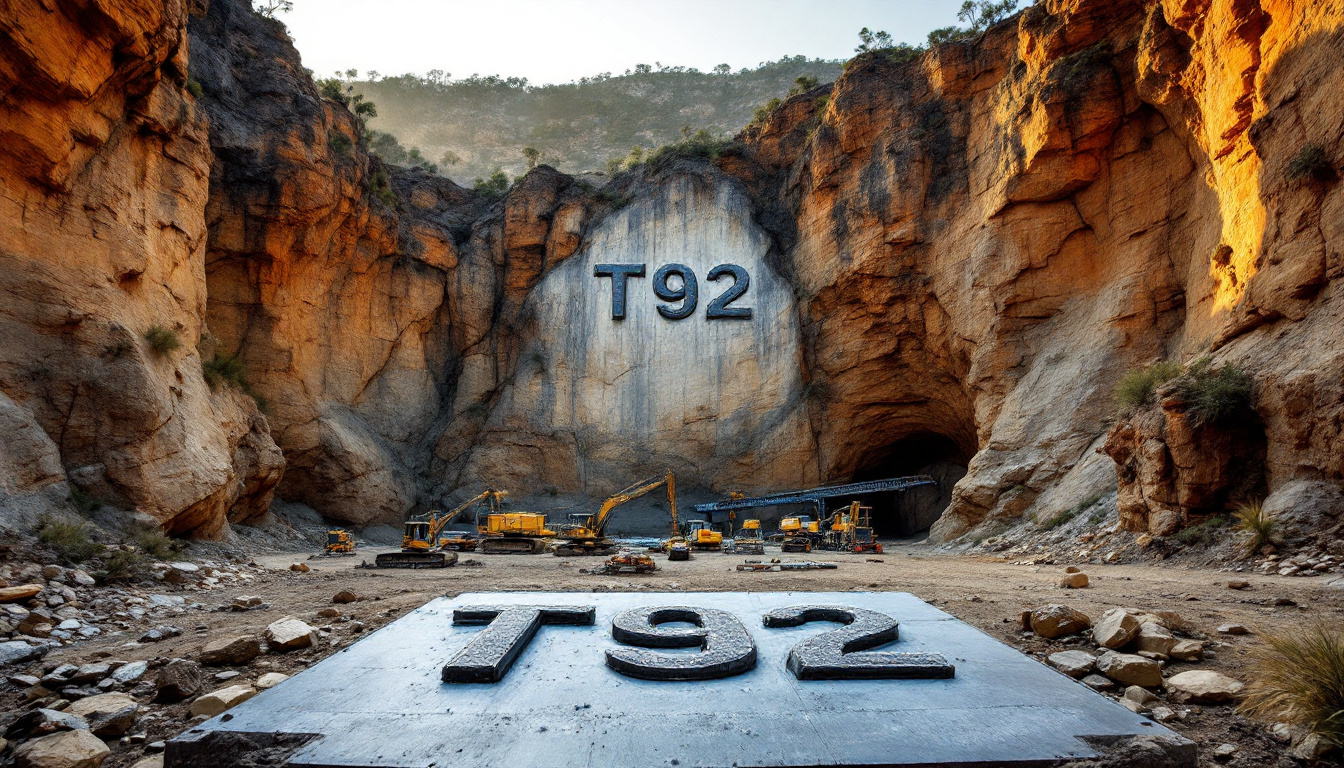 Terra Uranium Ltd-T92-Construction site in canyon with "T92" on wall and stone slab, surrounded by excavators and rocks.