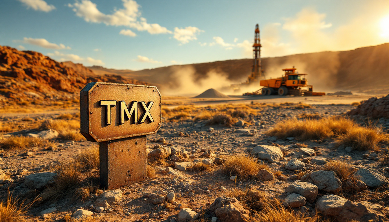 Terrain Minerals Ltd-TMX-Rusty sign with "TMX" in a desert landscape, construction equipment in the background.