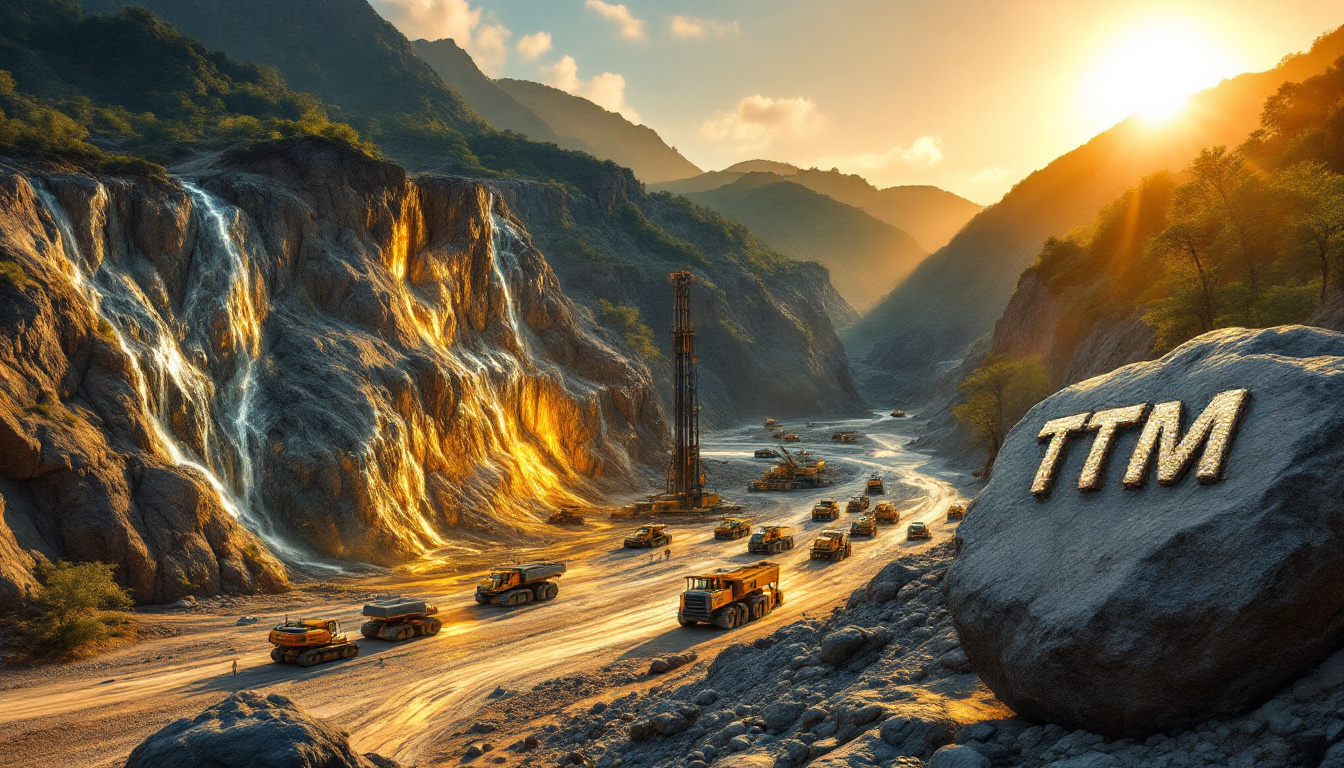 Titan Minerals Ltd-TTM-Construction site in a canyon at sunset, with trucks and "TTM" on a rock.