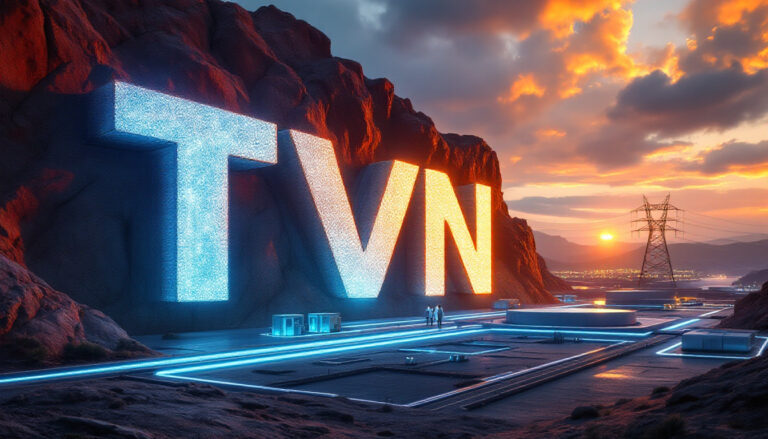 Tivan Ltd-TVN-Giant illuminated "TVN" letters on a rocky landscape at sunset, with power lines in the background.