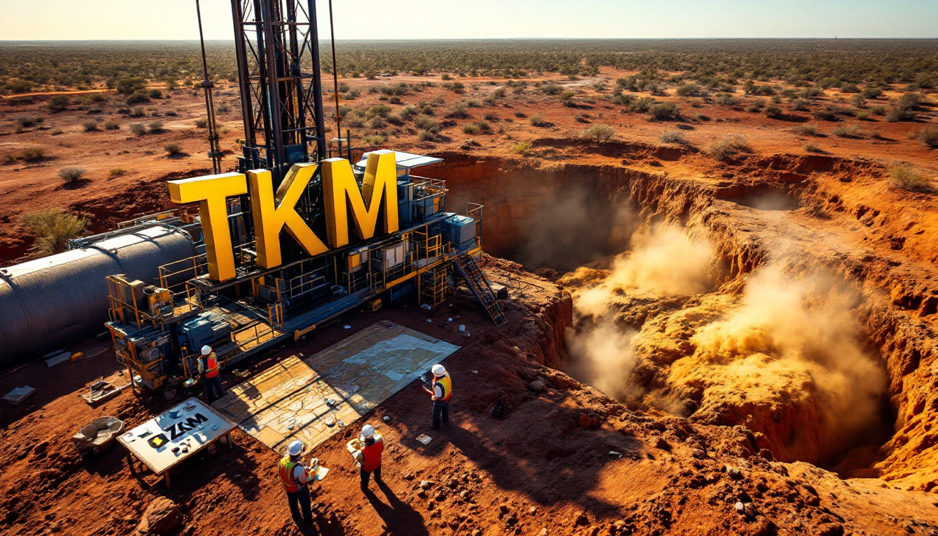 Trek Metals Ltd Chess Depositary Interests 1:1-TKM-Mining site in desert with "TKM" on equipment, workers in safety vests, and dust from excavation.