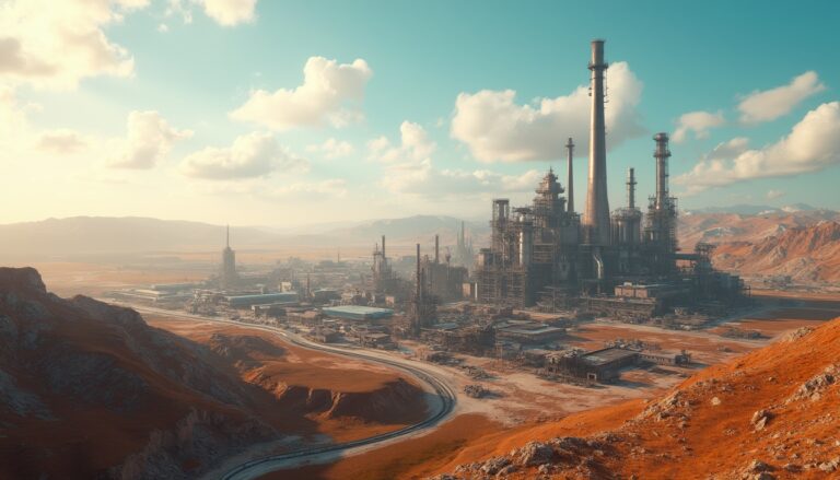 Refinery facility amidst desert landscape.