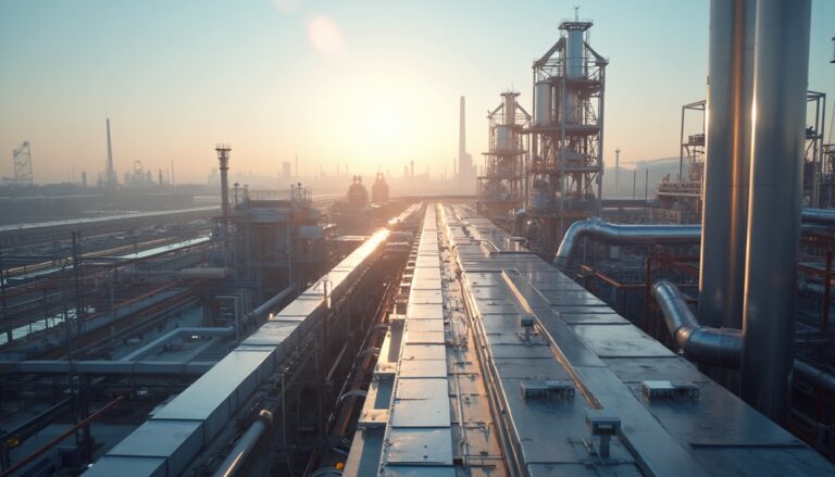 Aluminum factory at sunrise, industrial landscape.