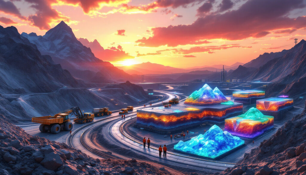 Colorful mining landscape at sunrise, futuristic outlook.