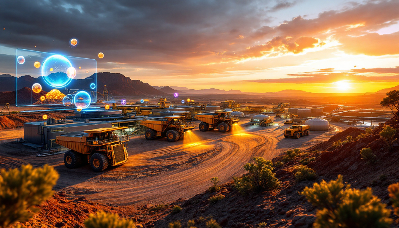 Futuristic tungsten mining facility in desert.