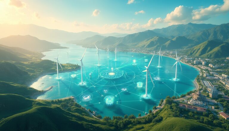 Wind turbines over digital network illustration.