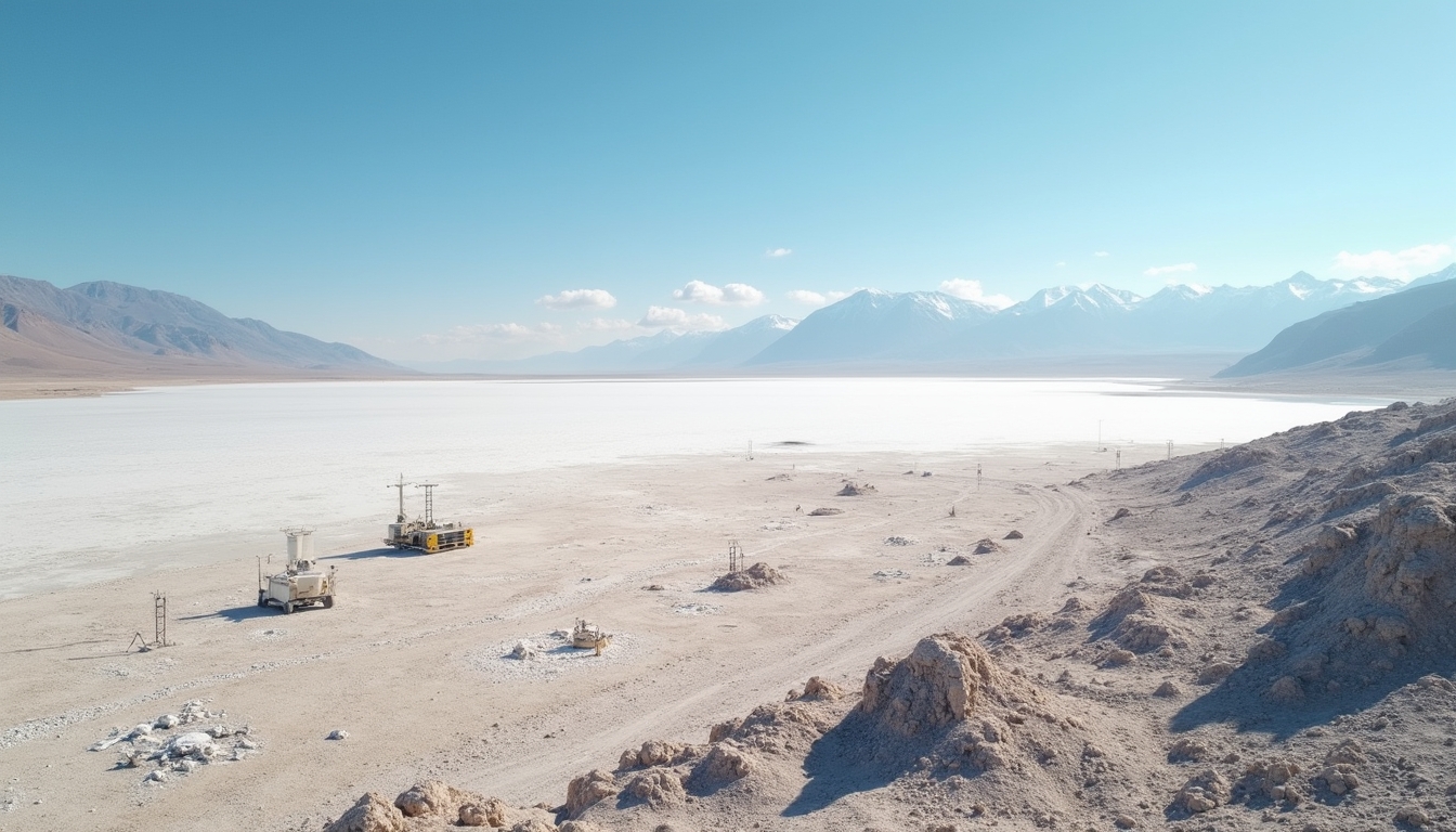 Desert landscape with lithium exploration equipment.