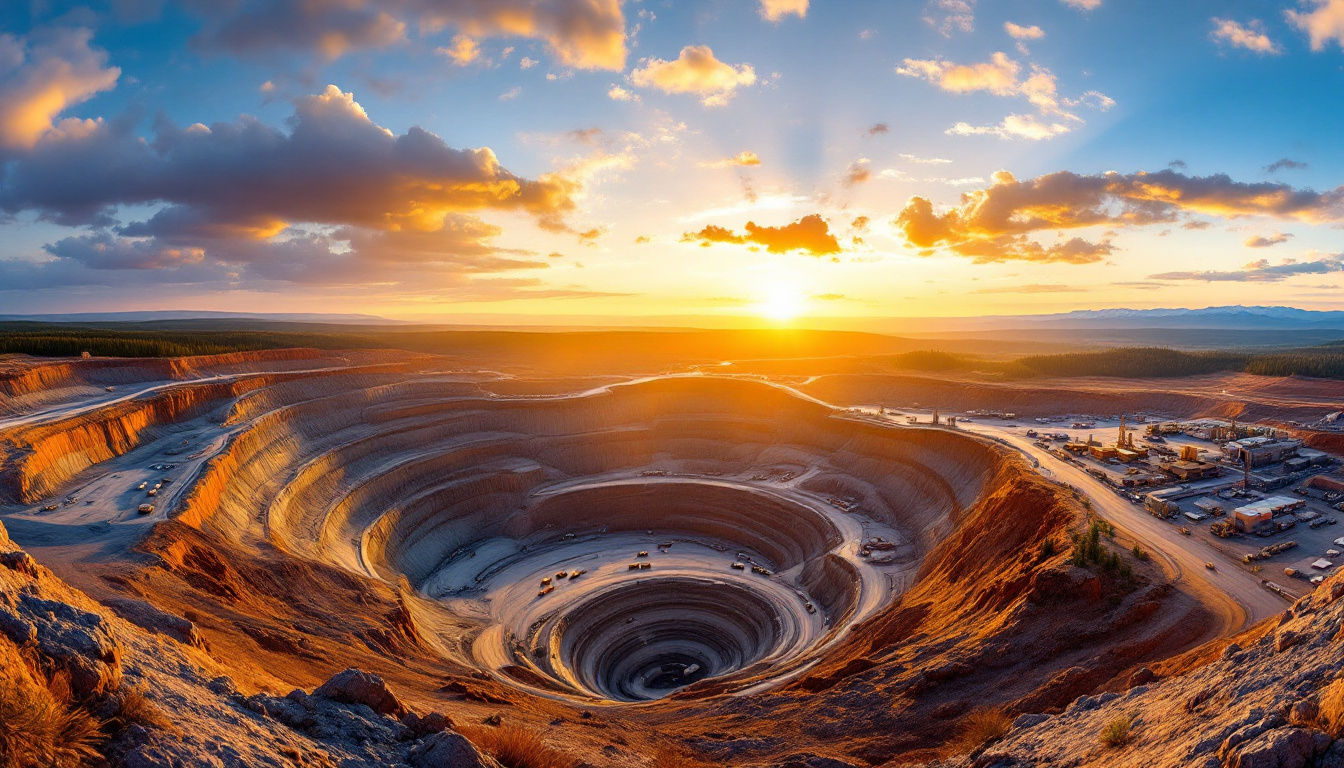 Sunset over expansive mining pit landscape.