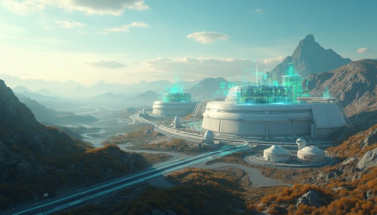 Futuristic mining facility in mountainous landscape.