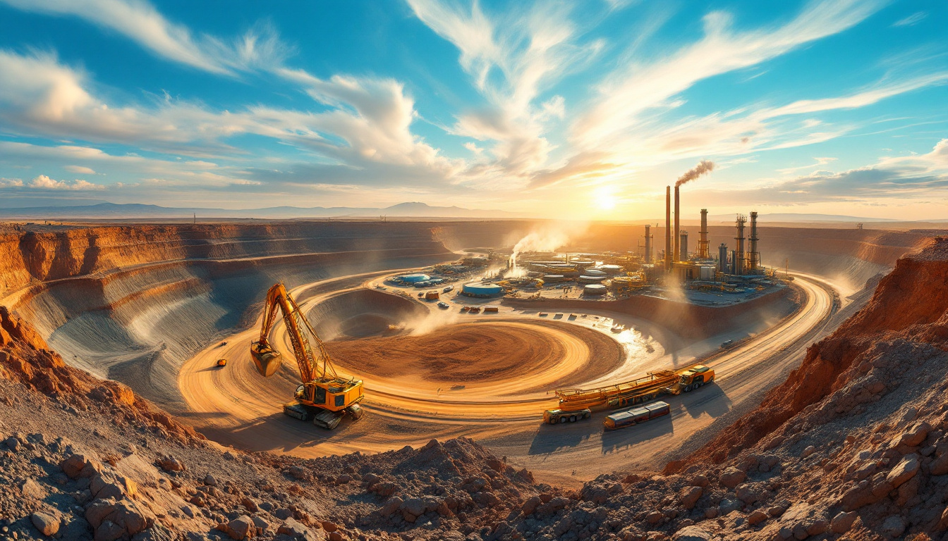 Mining facility under expansive sunset sky.