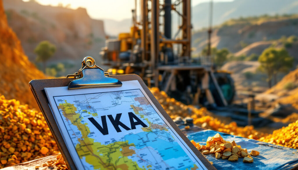 Viking Mines Ltd-VKA-Map labeled "VKA" on clipboard beside gold ore, with mining equipment visible in the background.