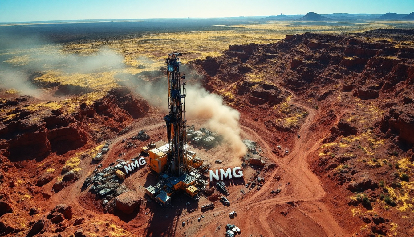 New Murchison Gold Ltd-NMG-Aerial view of a drilling rig surrounded by rugged red desert terrain under a clear blue sky.