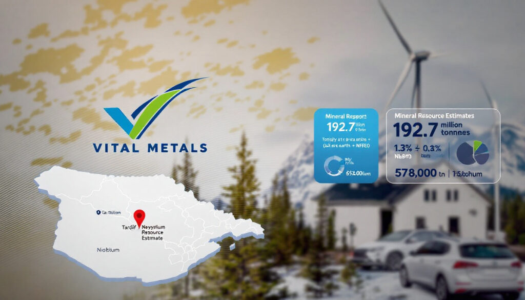 Vital Metals Ltd-VML-Vital Metals map and mineral resource data, wind turbines and snowy mountains in the background.