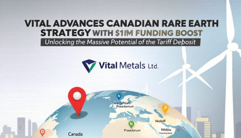Vital Metals Ltd-VML-Vital Metals $1M boost for Canadian rare earth strategy, featuring a global map and wind turbines.
